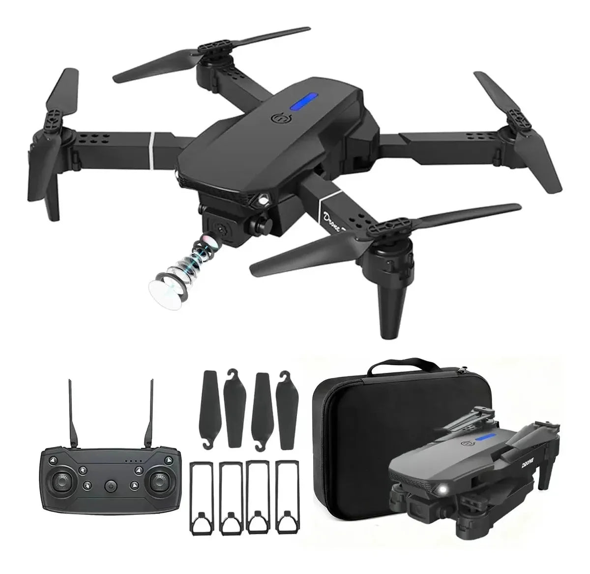 Dron FlyMax abierto con todos sus accesorios
